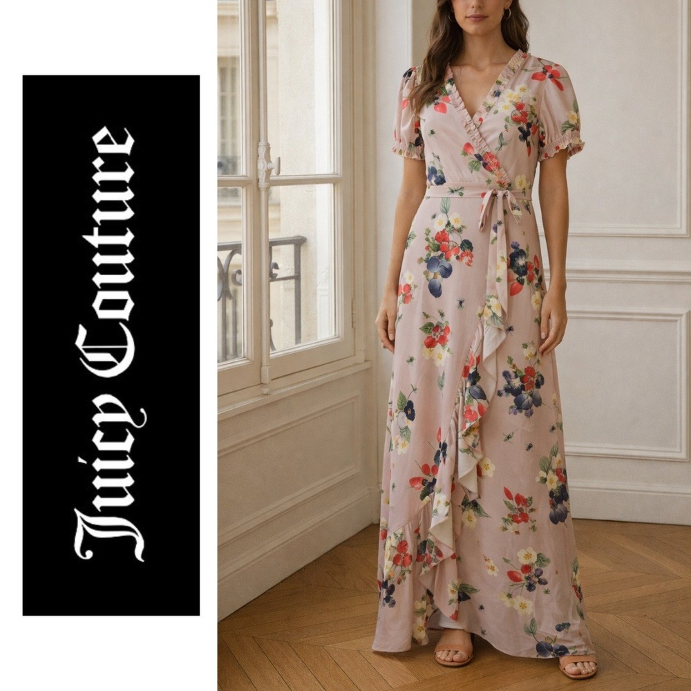 NWT, Juicy Couture Black Label, Maxi‎ Wrap Dress Floral Berry Bees Print Size M